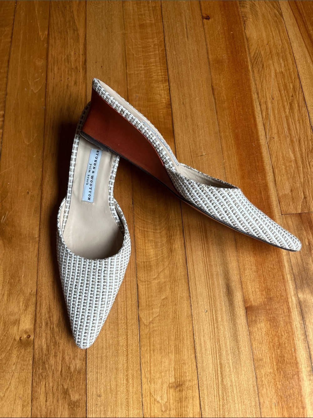 Stubbs & Wootton Raffia Woven Pointed Toe Tan Slide On Mules 8.5 wedge heel - Picture 2 of 7